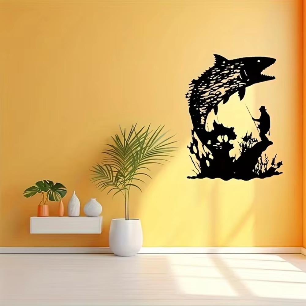 1pc Fisherman and Fish Hollow Pattern Wall Stickers Aesthetic Irregular Graphics Metal Crafts for Stylish Interior Decoration