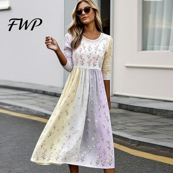 Slimming Dresses to Hide Tummy Long Sleeve Floral Dress, Women Cottagecore Waist Cinching Versatile Print Midi Autumn Dress for Vacation Street Party
