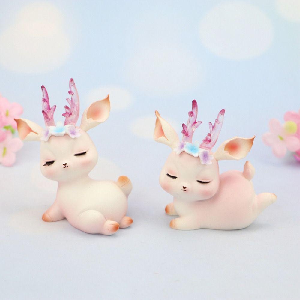Kawaii Resin Pink Deer Ornament Mini Baby Deer Doll Sculpture Deer Birthday Cake Decor Children