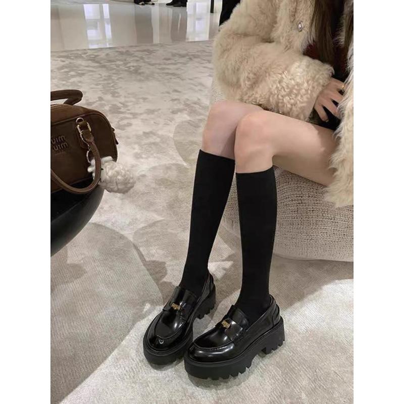 Cowhide Version~ Gold Coin Round Head Small Leather Shoes Women's Thick-soled Thick-heeled Single Shoes Versatile One-pedal Genuine Leather Hig
