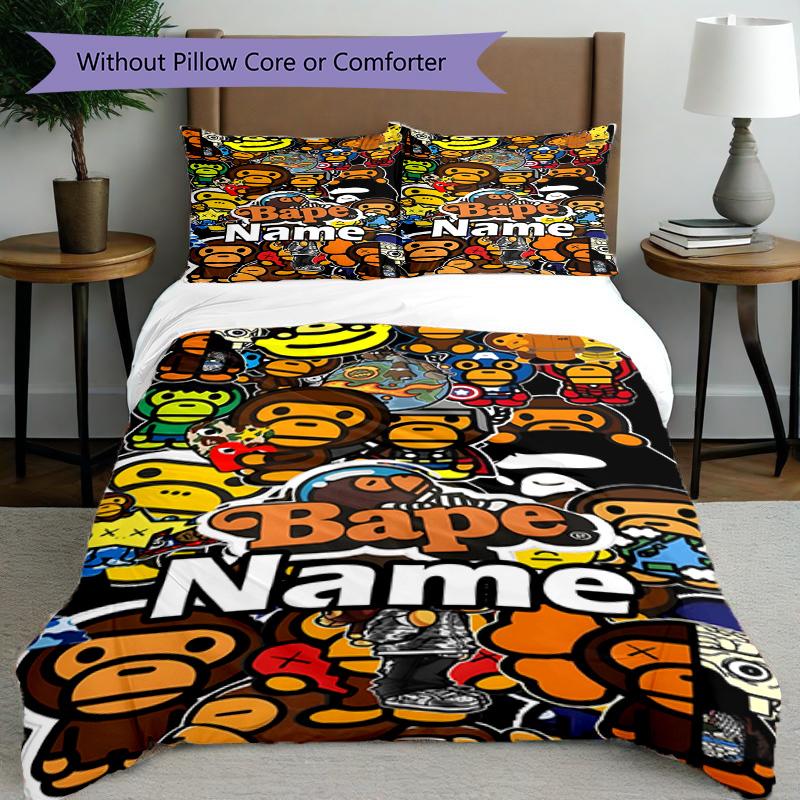 3pcs Duvet Cover Set (1*Duvet Cover + 2*Pillowcase, Without Core), Custom Name BAPE Pattern Bedding Set, Home Bedroom Decor Gift