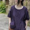 Women Purple Cotton T-Shirts Vintage Patchwork Pockets O-Neck Half Sleeve Summer Loose Soft T-Shirts