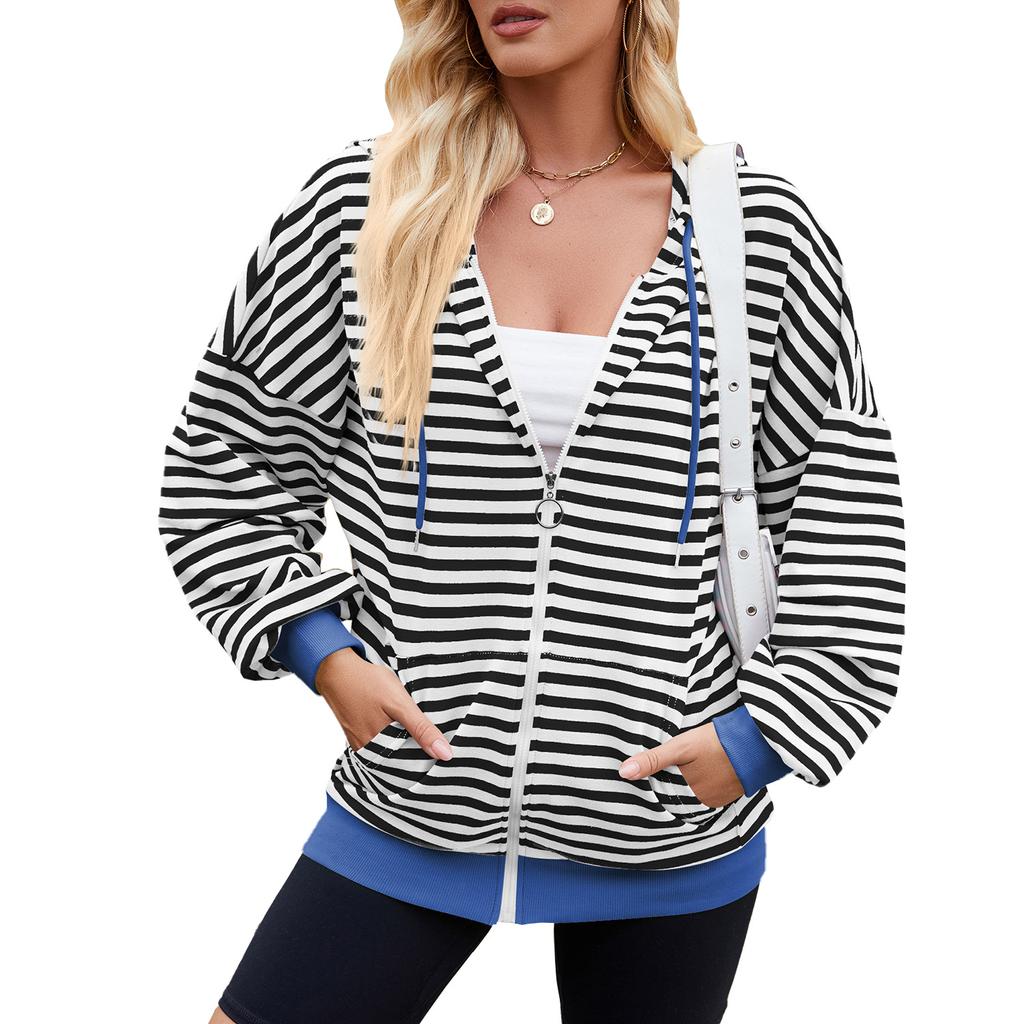 HNXC Women's Fashion Casual Stripe Print Long Sleeve Hooded Hoodies & Sweatshirts