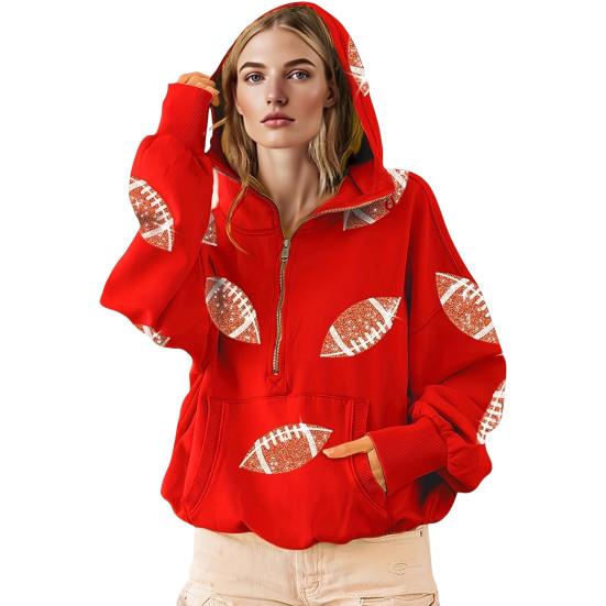 Женская толстовка с капюшоном, худи оверсайз на молнии до середины, с принтом регби с пайетками, осенний повседневный пуловер с карманами