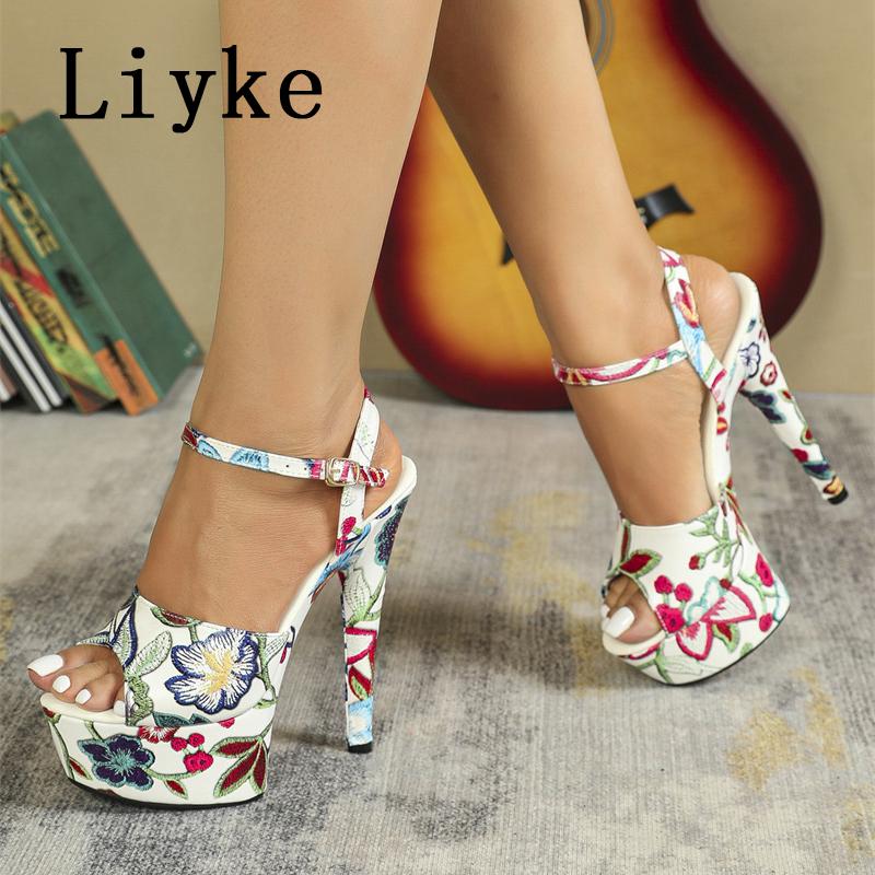 Fashion Liyke Brand Design Flowers Print Leather Platform Sandals Women Sexy Peep Toe 13CM Super High Heels Stiletto Party Banquet Shoes