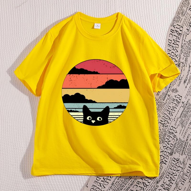 Black Cat Sunset T Shirt Vintage Graphic Unisex T Shirt Cool Streetwear Unisex Tshirts Casual High Quality Cotton Y2k Clothes