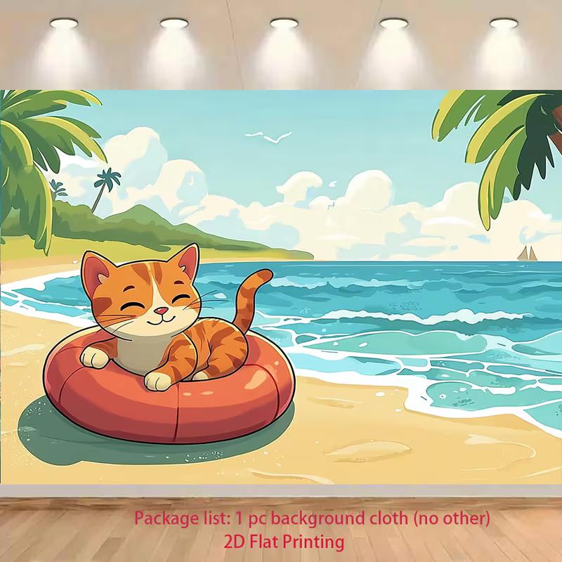 2D Cute Tropical Cat Backdrop - Palm Tree & Ocean Photography Background Banner for Studio Photoshoot