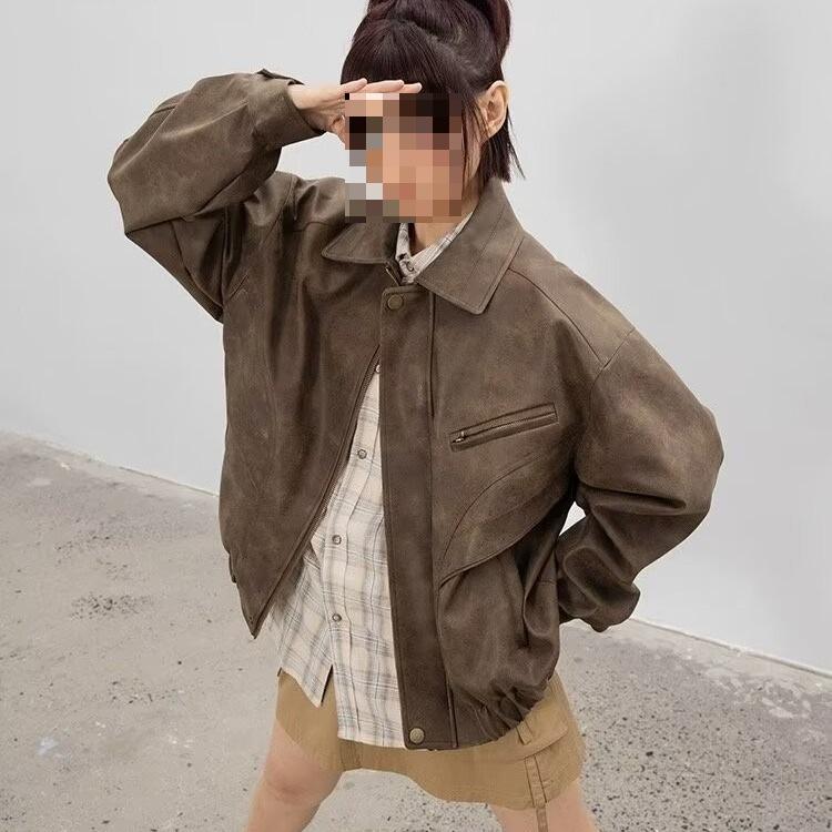 "Men’s Trendy Brown Distressed Leather Jacket - American Retro Design, Casual Lapel."