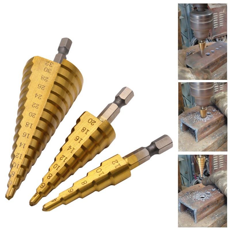 3pcs HSS Titanium Coated Step Drill Bit 4-12 4-20 4-32 Drilling Power Tools Metal High Speed Steel Wood Hole Cutter Cone Drill
