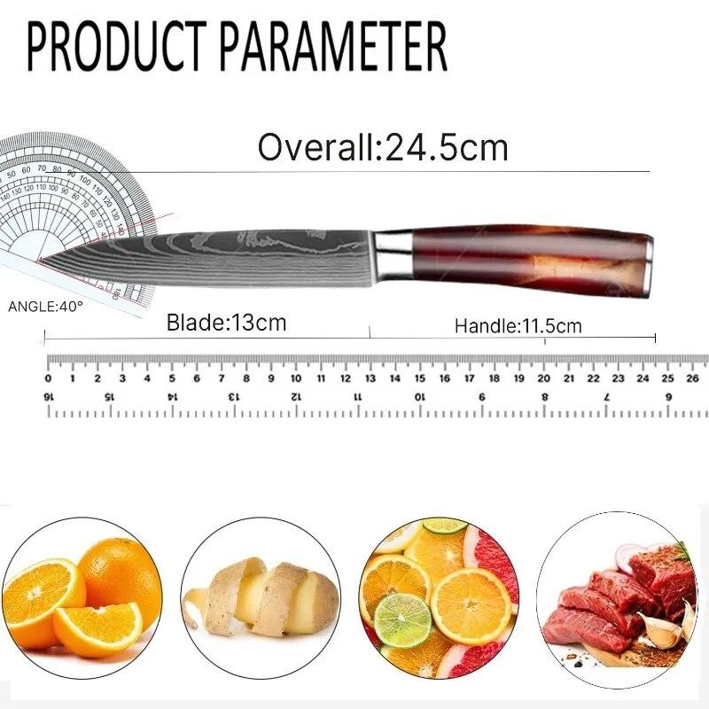 5-дюймовый кухонный нож, нож для мяса, дамасская сталь, бытовой нож для фруктов, острый нож для нарезки, нож шеф-повара с полимерной ручкой