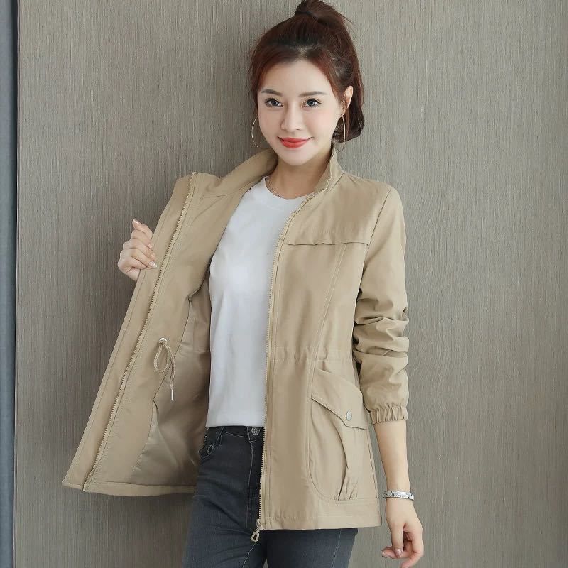 Women Casual Lapel Drawstring Windbreake Spring Loose Trench Coats Mid-length Big Size Jacket