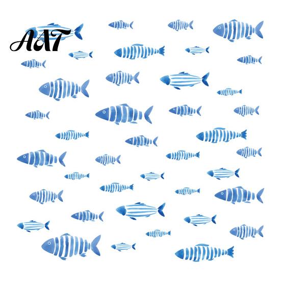 Easy to Apply Wall Graphics Watercolor Blue Fish Decals, Striped Ocean Sea Life Stickers, Removable Self-Adhesive Bathroom Decor Coastal Art for