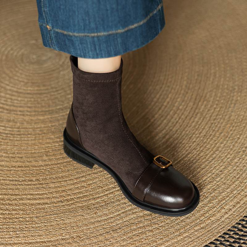 Krazing Po Микрофибра Флок Зима Круглый Носок Размер 33 Ботильоны Челси Размер 43 Молния Металлическая Пряжка Низкий Каблук Ботильоны