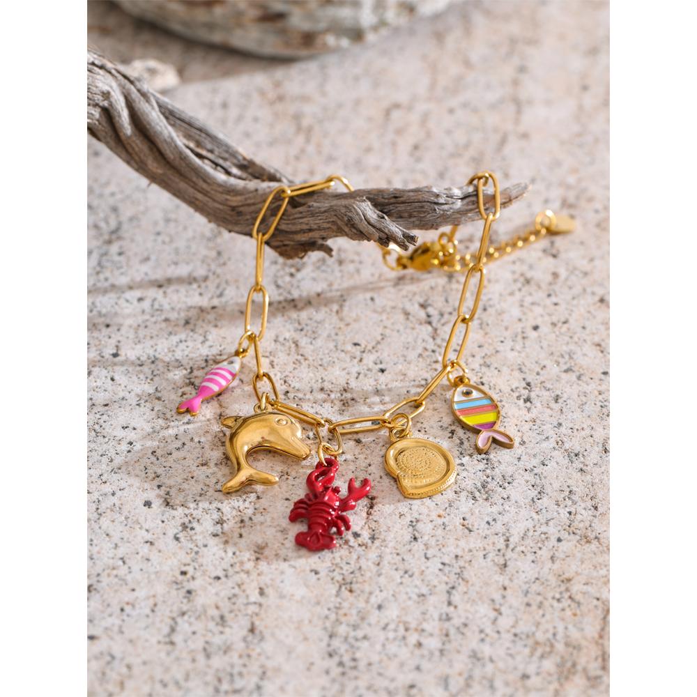 Eetit Ocean Style Enamel Fish Shell Lobster Drop Charm Bracelet Bangle for Women Summer Stainless Steel Arrivals Wrist Jewellery