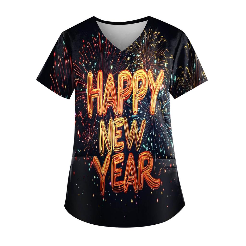 Женская модная новогодняя футболка с короткими рукавами, V-образным вырезом и маленьким карманом