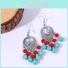 Ethnic Turquoise Simulation Beaded Earrings With Silver Filigree For Wear Daily