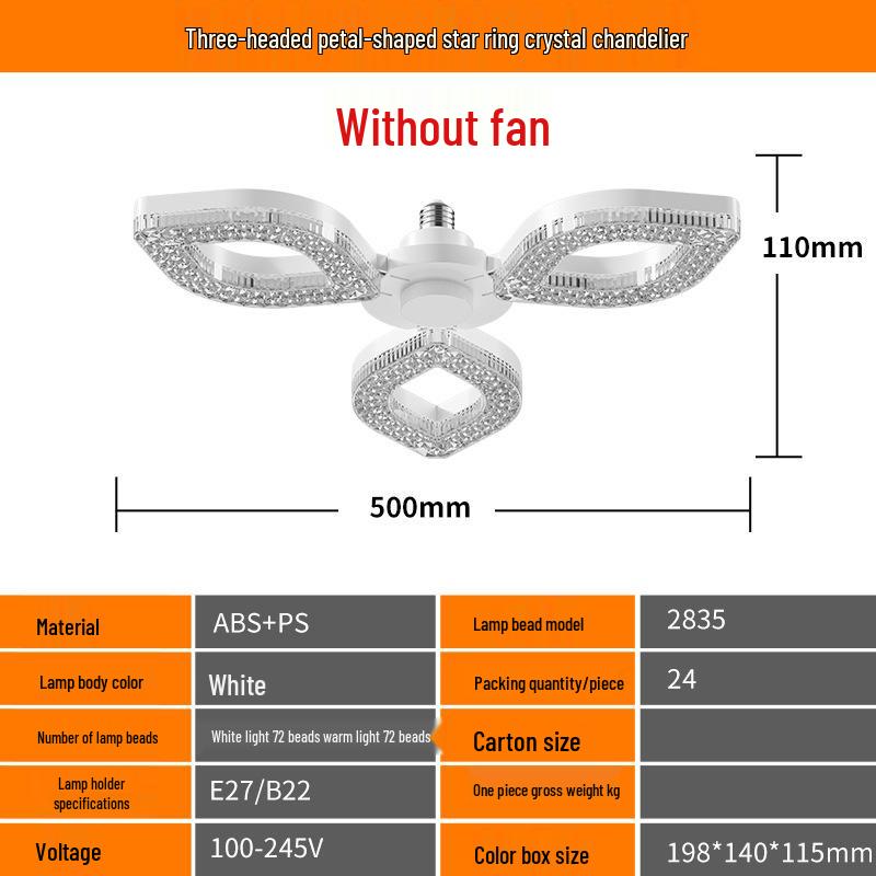 Flower-Shaped Crystal Ceiling Fan Light with High Wind Power and Integrated Pendant
