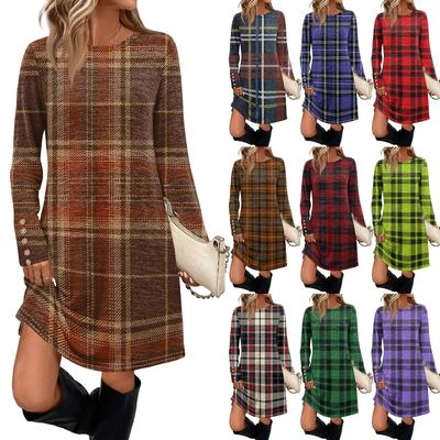 Женское модное повседневное платье с карманами, декоративными пуговицами, круглым вырезом и длинными рукавами