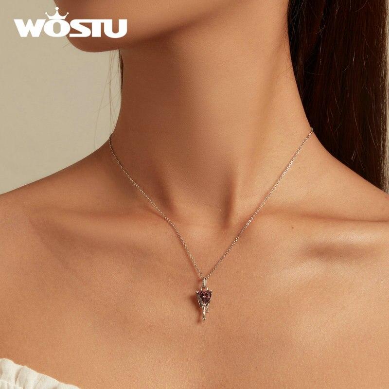 WOSTU Стерлингового серебра 925 пробы, ослепительные розовые циркониевые серьги в форме сердца и ожерелье с подвеской для женщин, комплект ювелирных украшений, свадебный подарок