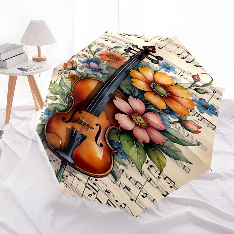 1pc Musical Violin Flowers Sheet Music Artwork Umbrella with Plastic Handle,Suitable for All Seasons Home Travel Outdoor Umbrellaptys31070