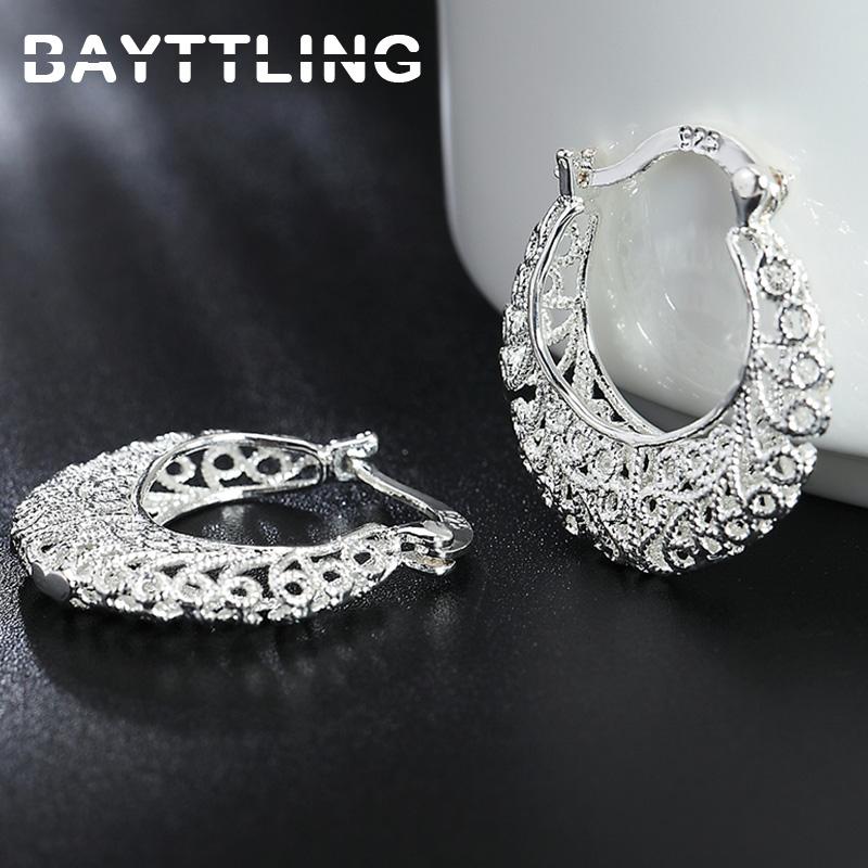 New Trend 925 Sterling Silver Fine Hollow Round Hoop Earrings For Fashion Women Charm Party Jewelry Gift Punk Earrings
