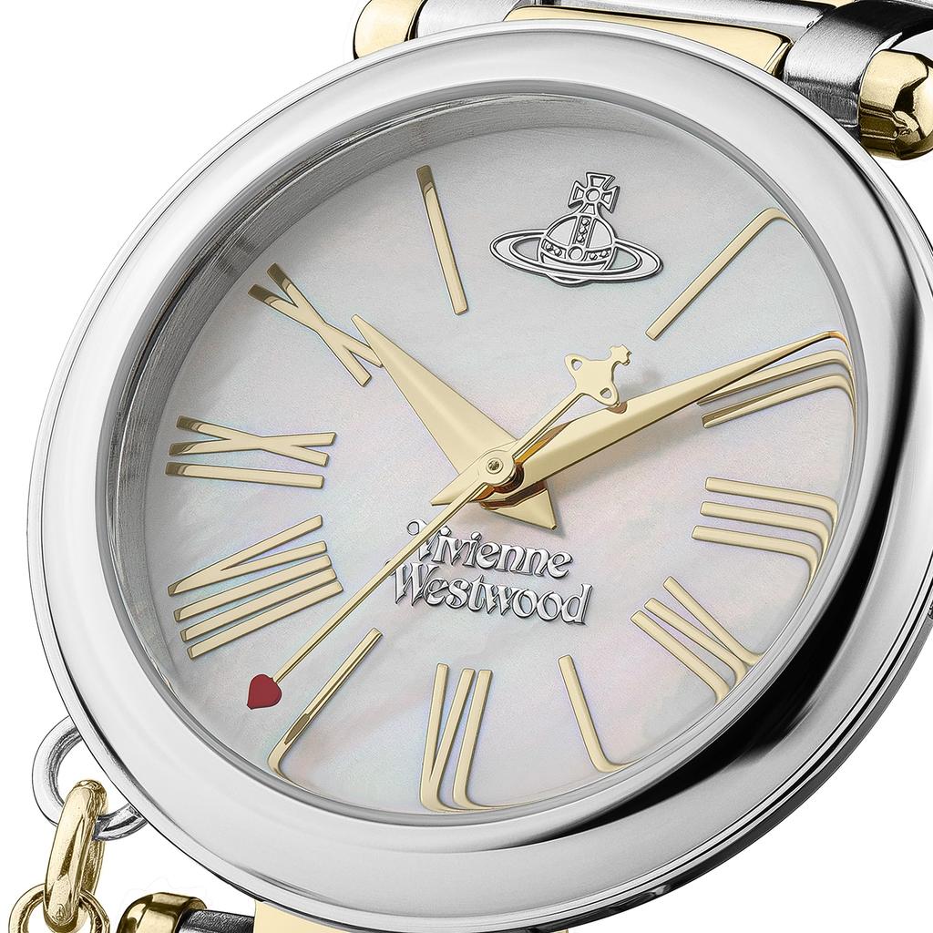 VIVIENNE WESTWOOD Mother Orb 32mm Quartz Analog Display Watch with MOP Dial Stainless Steel Women's & Two-Tone Bracelet, White, Traditional.