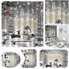 Christmas Winter Bathroom Curtain with Bath Mat Toilet Cover Holiday Shower Curtain Cute Bathroom Curtain for Bathroom Decor