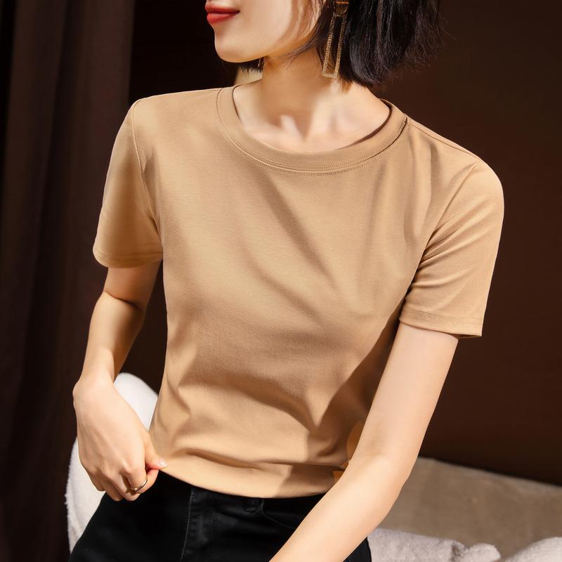 Solid Color Short-sleeved T-shirt for Women's New Women's Solid Color Round Neck Cotton T-shirt To Make You Look Slim and Belly-covering Top