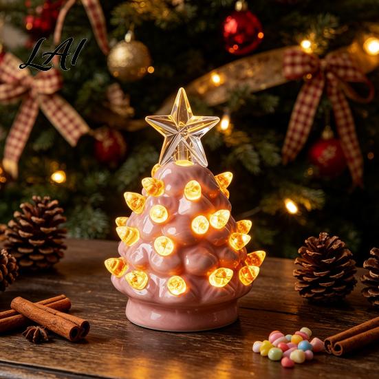 Cozy Christmas Party Supplies Tree Ornament Glowing Retro Resin Tabletop Decor with Star Festive Figurines Topper Vintage Xmas Trees Night Light for