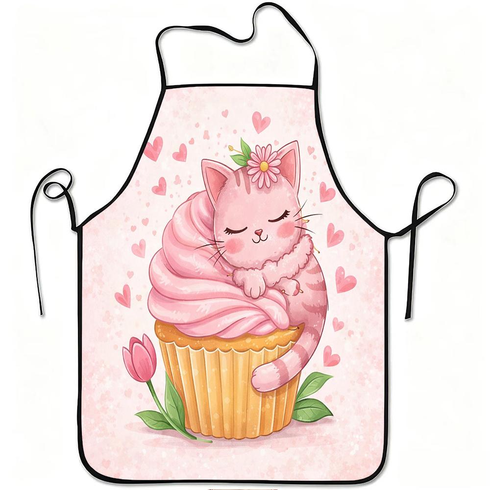 1pc Cute Pink Cat Cupcake Love Print Apron, Durable And Easy to Clean, Adjustable Waistband, Polyester Material, for Kitchen Cooking, Gardening, Orcha
