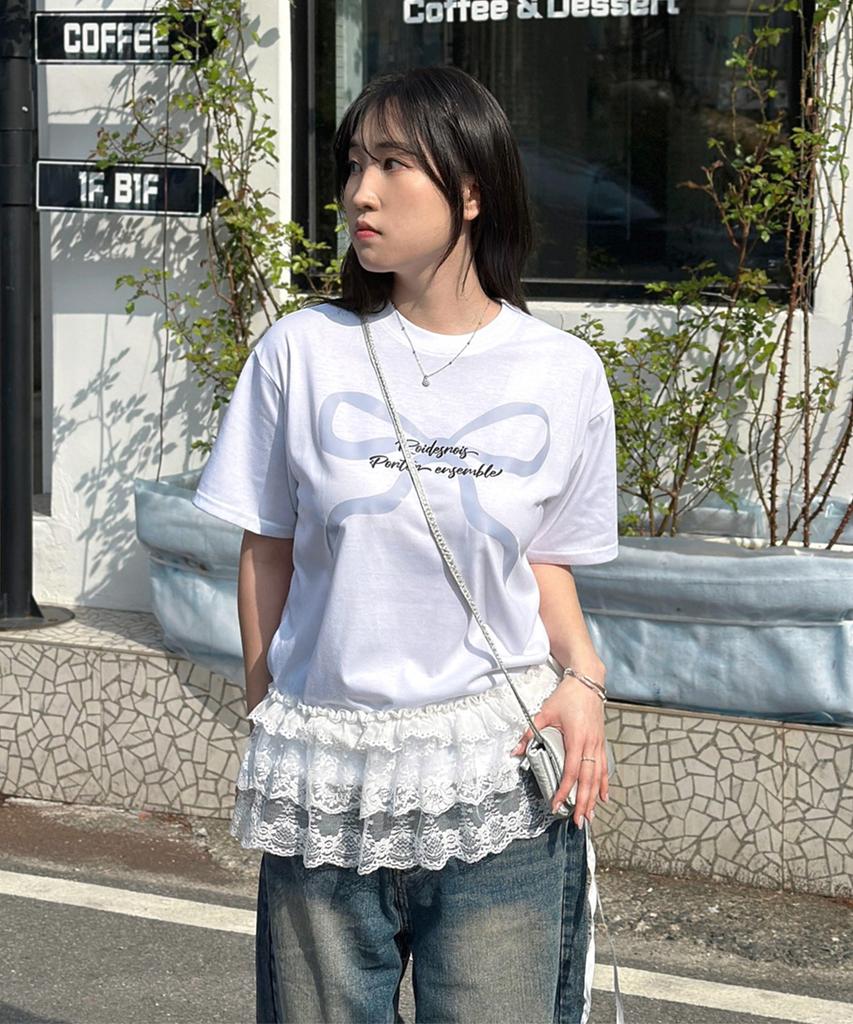 ROIDESROIS Ribbon Print Oversized Short Sleeve T-Shirt (White)