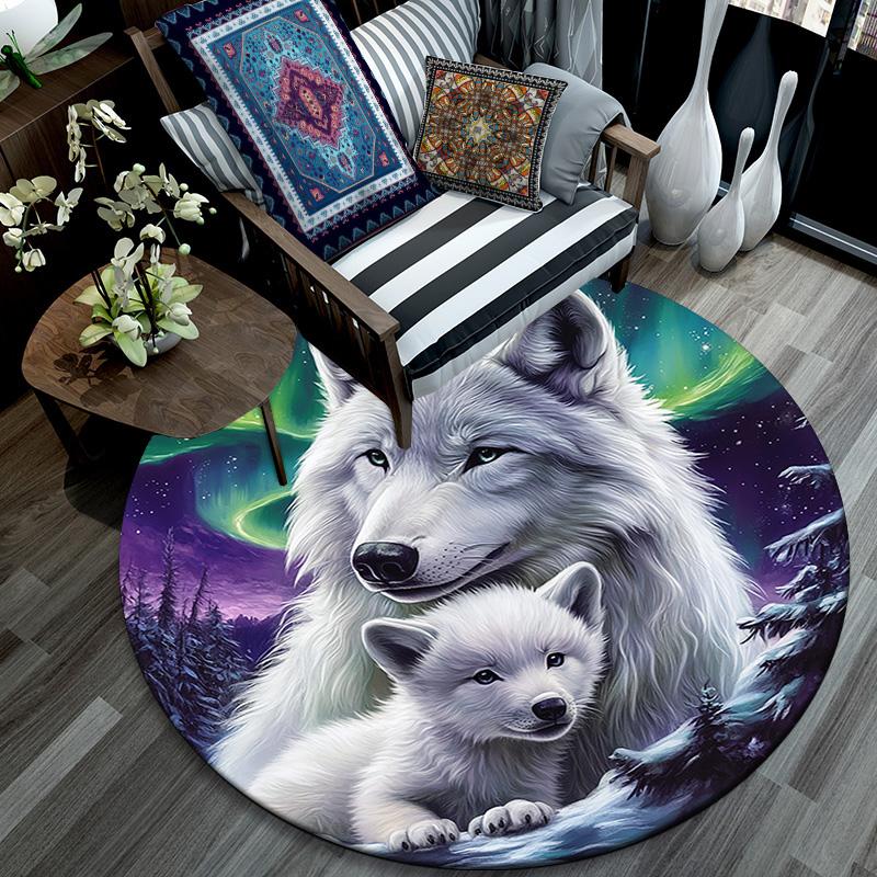 White Wolves Round Area Rug,Carpet Rug for Living Room Bedroom Sofa Playroom Decor,Non-slip Floor Mat