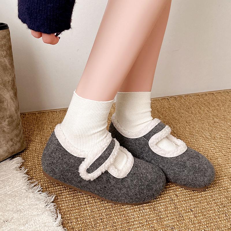 Удобные женские меховые туфли Мэри Джейн на осень/зиму - Универсальные, однотонные, с добавлением хлопка, идеально подходят для дома, улицы и поездок на работу.
