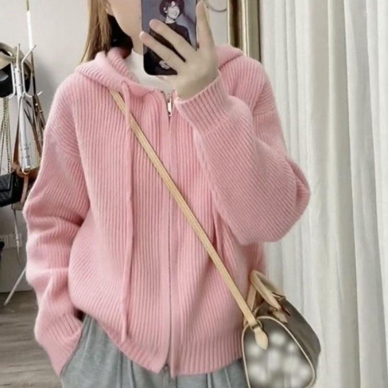 Однотонный кардиган с капюшоном для женщин, весна-осень 2023, теплая и свободная версия, кардиган на молнии, свитер, пальто для женщин