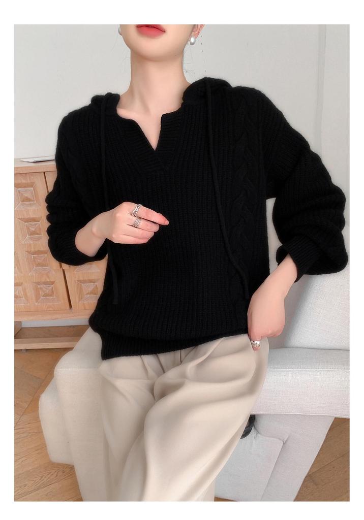 Women's Plus Size Hooded Wool Cable Knit Pullover - Slim Fit Casual Sweater for Autumn/Winter