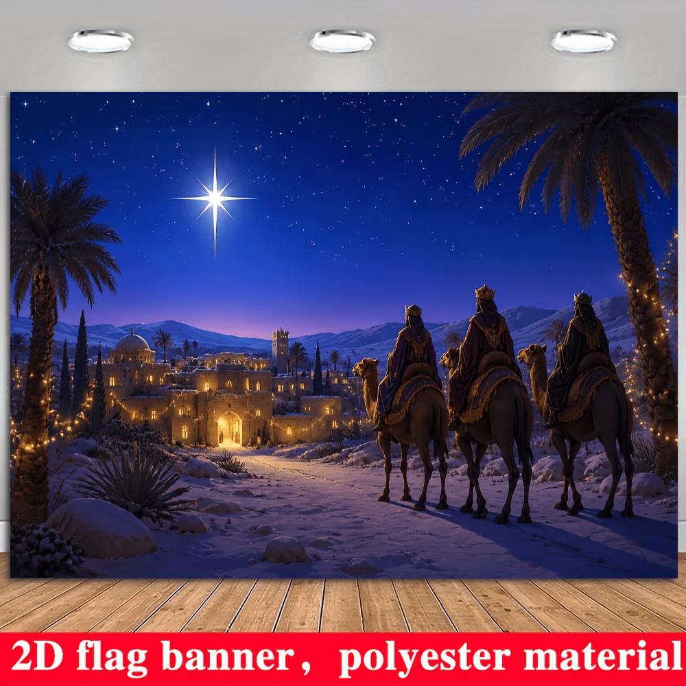 2D Flat Banner, Christmas Holy Theme Backdrop, Starry Bethlehem Star, Snow-Covered Town, Palm Trees, Polyester