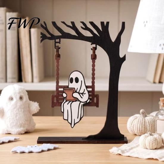 Decorative Tree for Halloween Parties Ghost on A Swing Reading Figurine, Spooky Wooden Centerpiece Black Decor Home Nook Bookshelf Library, Gifts Book