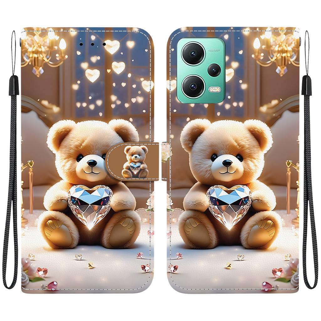 Handmade PU Leather Flip Case for Redmi Note 12 5G/Xiaomi Poco X5 Anti-Slip Shockproof Cover with Wrist Strap & Heart/Rose Cat Designs