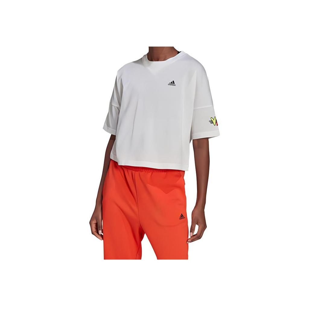 Adidas Укороченная футболка с круглым вырезом и короткими рукавами с логотипом алфавита, женские топы, белые H67199