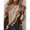 Ladies' Autumn and Winter Casual Marble Pattern Round Neck Long Sleeved T-shirt Base Top Women's Clothing