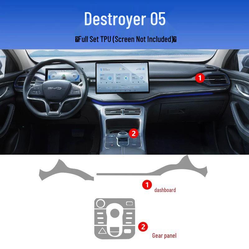 Пленка для интерьера BYD Destroyer 05: Наклейка на приборную панель, экран навигации, рычаг переключения передач и центральную стойку, HD-TPU (Совместимо с 25 моделями)