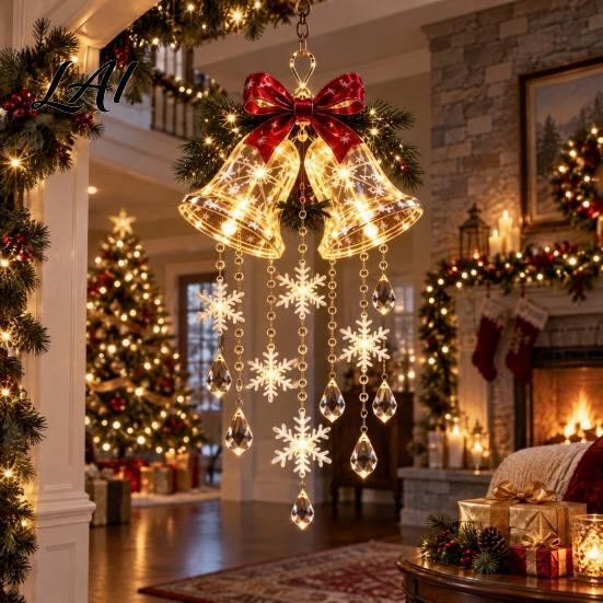 Hanging Seasonal Decor Christmas Bell Chandelier Lighted Deer Decoration with Cascading LED Strands Snowflake Winter Holiday Decorations Sphere