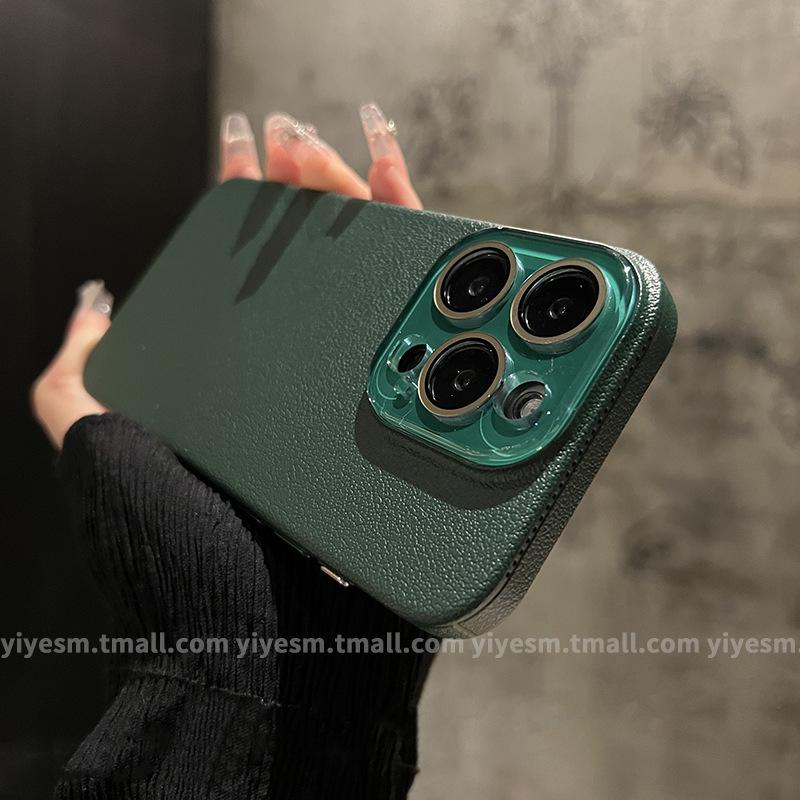 Применимо к iPhone 15 чехол для мобильного телефона с узором из кожи личи Apple 14promax кристальная линза 13 простой однотонный защита