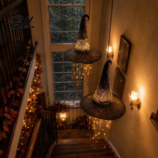 Halloween Hanging Decorations Lighted Witch Hat Chime, LED Glowing Wizard with for Party Swinging Star Tassels, Indoor Outdoor Porch Ceiling