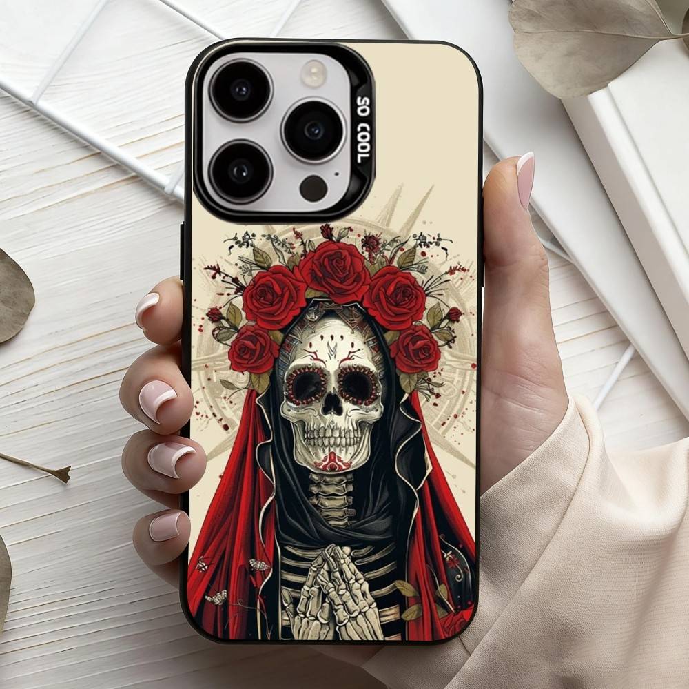 Чехол для телефона с принтом Санта Муэрте M-Muerte P-print-T Для iPhone17,16,15,14,13,12,11 Plus,Pro Max Черный Серебристый Candy чехол для телефона