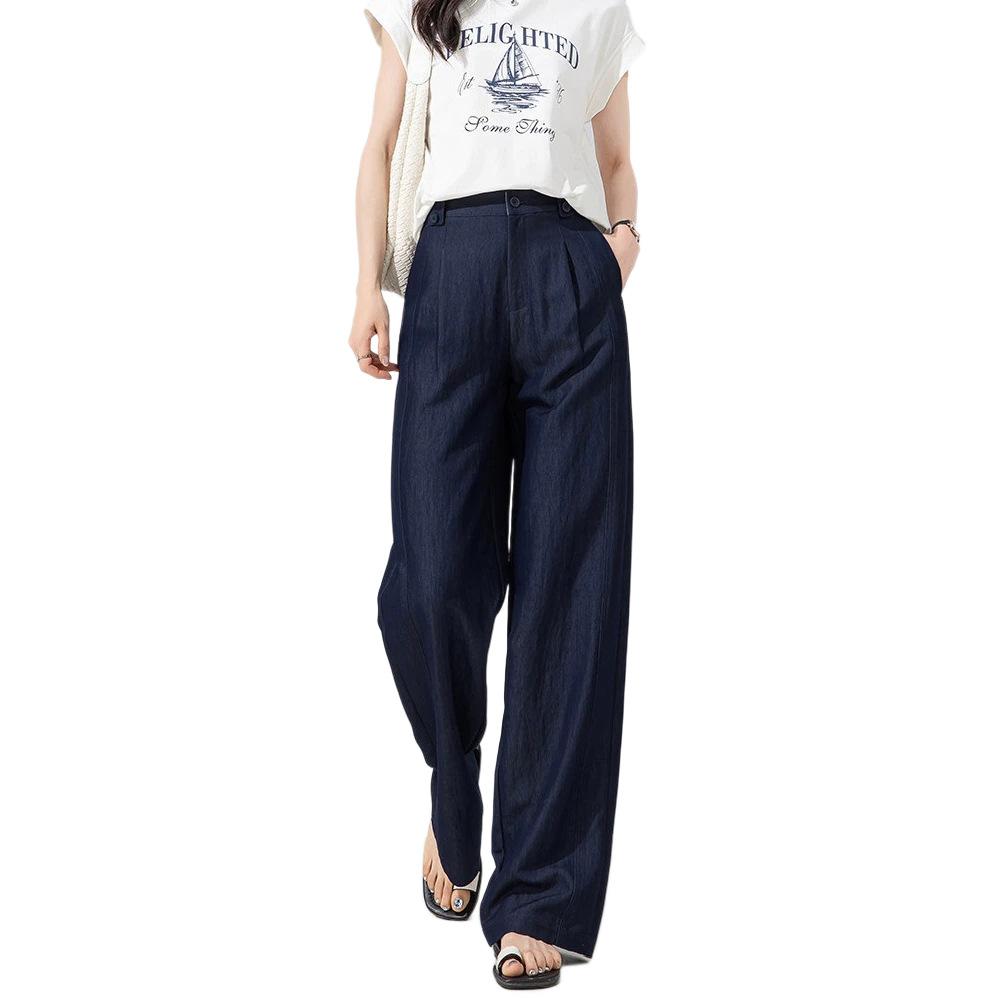 Wide-leg pants women's summer thin old money style high waist straight tube drape thin women's casual trousers dark blue trousers