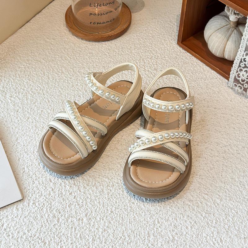 Girls Pearl Roman Sandals Summer Soft Sole Princess Children Shoes For Big Kids Comfortable Beach Footwear
