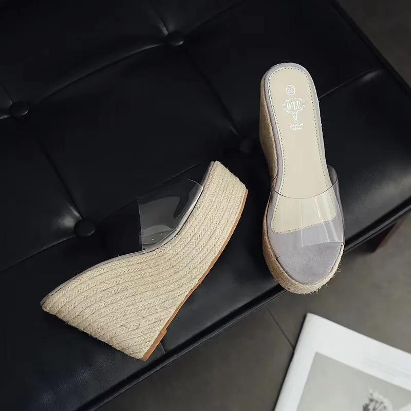 2024 Новые летние сандалии из ПВХ-желе, тапочки, повседневные сексуальные женские сандалии на танкетке 11,5 см, удобные тапочки, большой размер 34-40