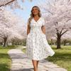 Elegant V Neck A Line Dress With Digital Print For Summer Casual Wear