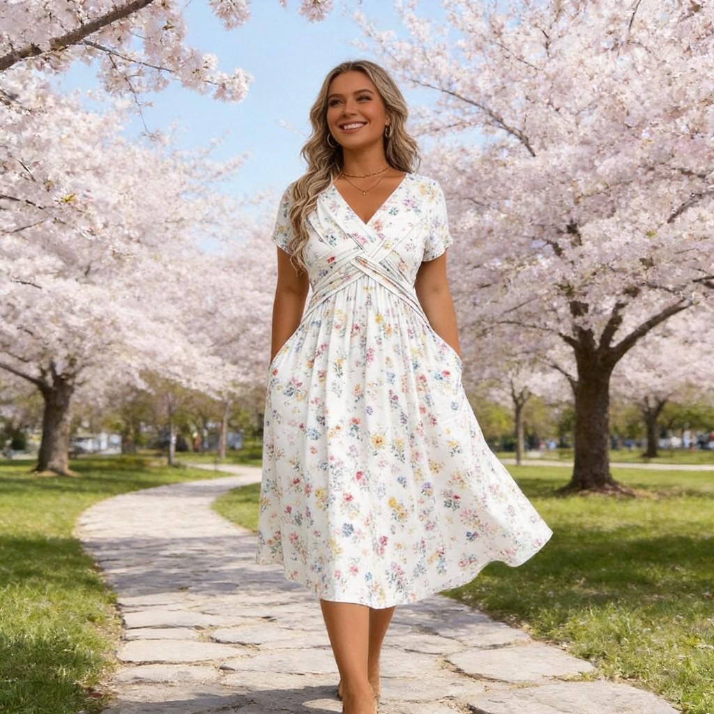 Elegant V Neck A Line Dress With Digital Print For Summer Casual Wear